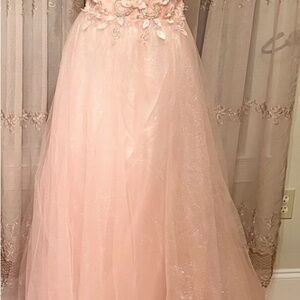 Elegant Blush Prom Gown with Floral Embellishments